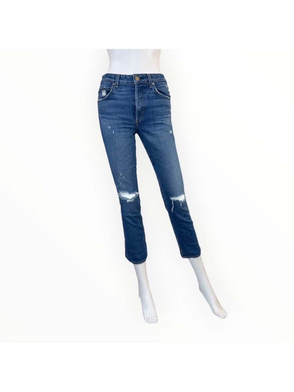 AMO Babe High Rise Slim Straight Jeans Thrifted W/ Destroy Blue Size 26 Q1027